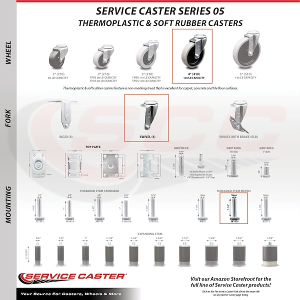 Service Caster 4 Inch Thermoplastic Rubber Wheel 10mm Threaded Stem Caster SCC-TS05S410-TPRS-M1015 - main